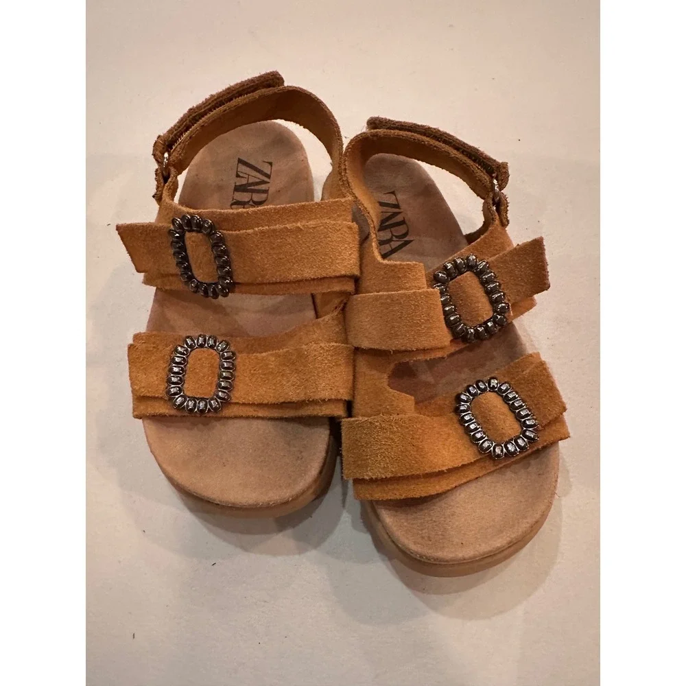 Zara Kids Tan Brown Suede Buckle Sandals Size 25 Girls Boys Casual Shoes